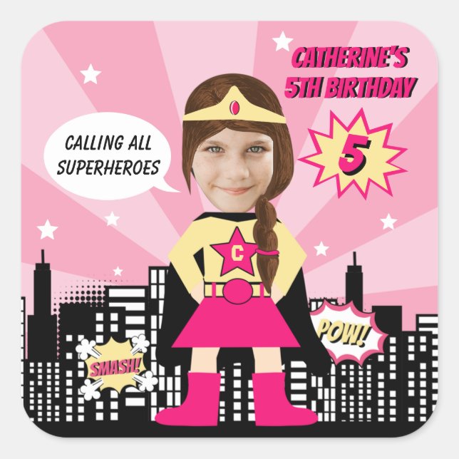 Sticker Carré Superhero Comic Style de livre Girl Birthday Photo (Devant)