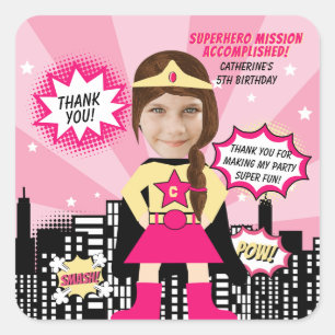Sticker Carré Superhero Comic Style de livre Girl Birthday Photo