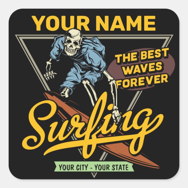 Sticker Carré Surf personnalisé Skeleton Ride Waves Surfer (Devant)