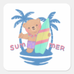 Sticker Carré Surfeur d'ours en été à Hawaii