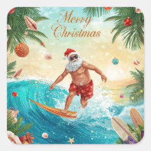 Sticker Carré Surfing Santa Joyeux Noël Vacances Côtières de Noë