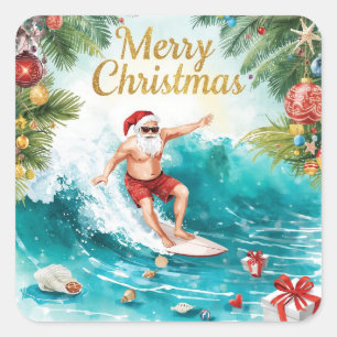 Sticker Carré Surfing Santa Joyeux Noël Vacances Côtières Fêtes