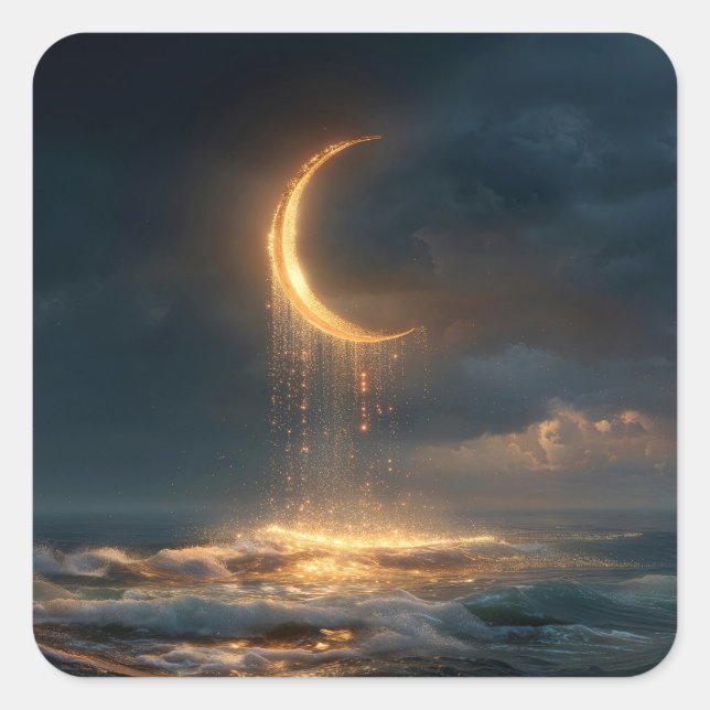 Sticker Carré Surreal Golden Crescent Moon Above Ocean (Devant)