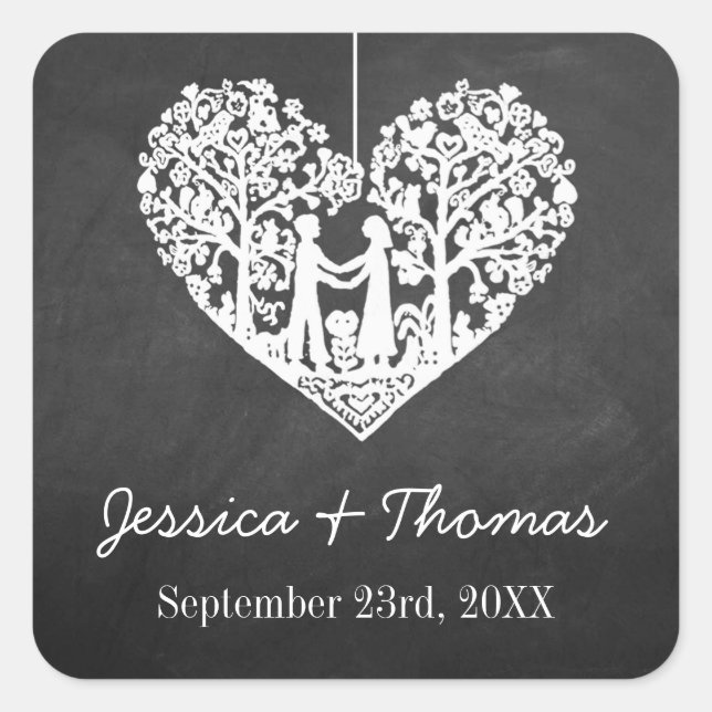 Sticker Carré Suspension Coeur Arbre Chalkboard Mariage Faveur (Devant)