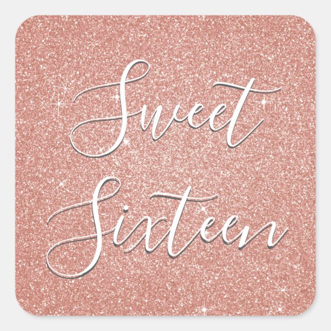 Sticker Carré Sweet 16 Anniversaire Rose Gold Blush Parties scin (Devant)