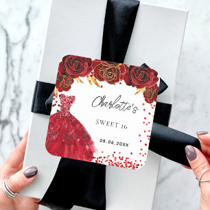 Sticker Carré Sweet 16 fleurs de robe rouge blanc