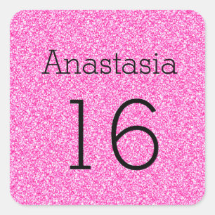 Sticker Carré Sweet 16 Nom Age Black & Hot Rose Parties scintill