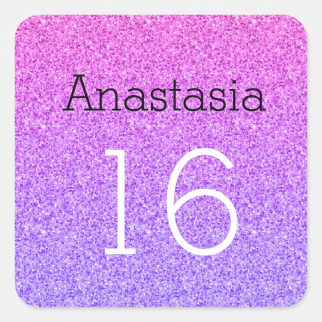 Sticker Carré Sweet 16 Nom Age Ombre Violet Parties scintillant  (Devant)