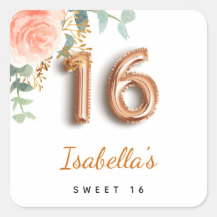 Sticker Carré Sweet 16 rose fleuri or eucalyptus monogramme
