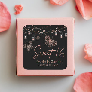 Sticker Carré Sweet 16 Rose Gold Butterfly Chic Moderne Annivers