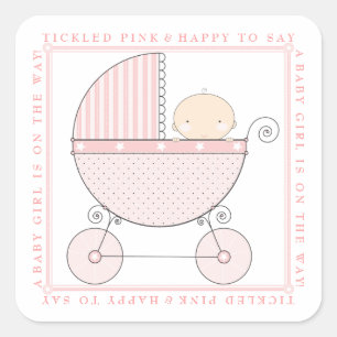 Sticker Carré Sweet Baby Girl Carriage Baby shower en rose