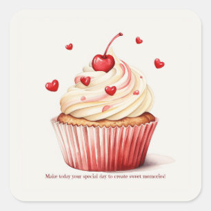 Sticker Carré Sweet Cupcake Red Hearts Carte Saint-Valentin