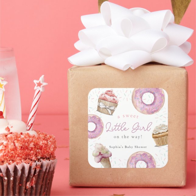 Sticker Carré Sweet Little Girl Cupcake rose & Baby shower de be (Fête)