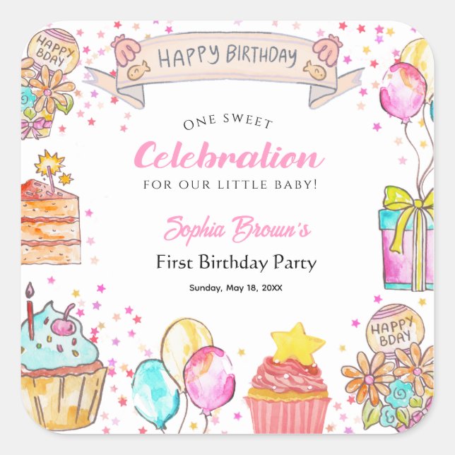 Sticker Carré Sweet One Theme girl's 1st Birthday Pink (Devant)