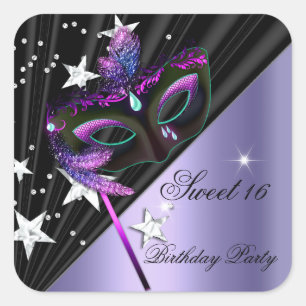 Sticker Carré Sweet Sixteen 16 Masque Noir Argent Lilas