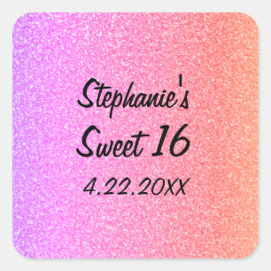 Sticker Carré Sweet sixteen 16ème Glittery rose fête d'anniversa