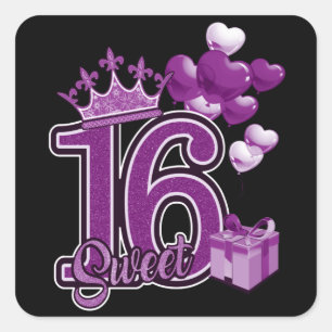 Sticker Carré Sweet sixteen Anniversaire violet