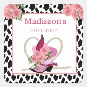 Sticker Carré SWEET SIXTEEN Cowgirl anniversaire merci