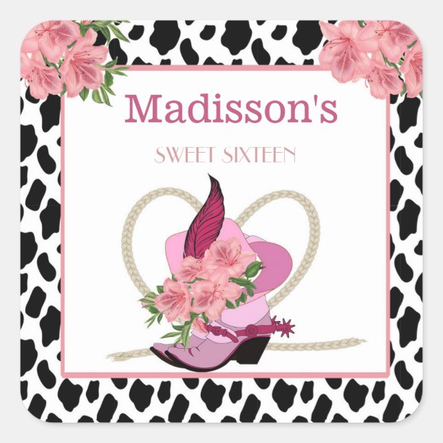Sticker Carré SWEET SIXTEEN Cowgirl anniversaire merci (Devant)