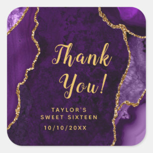 Sticker Carré Sweet sixteen d'agate violet et or Merci