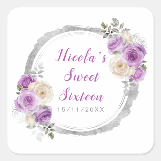 Sticker Carré Sweet sixteen de fleurs élégantes violet et argent (Devant)