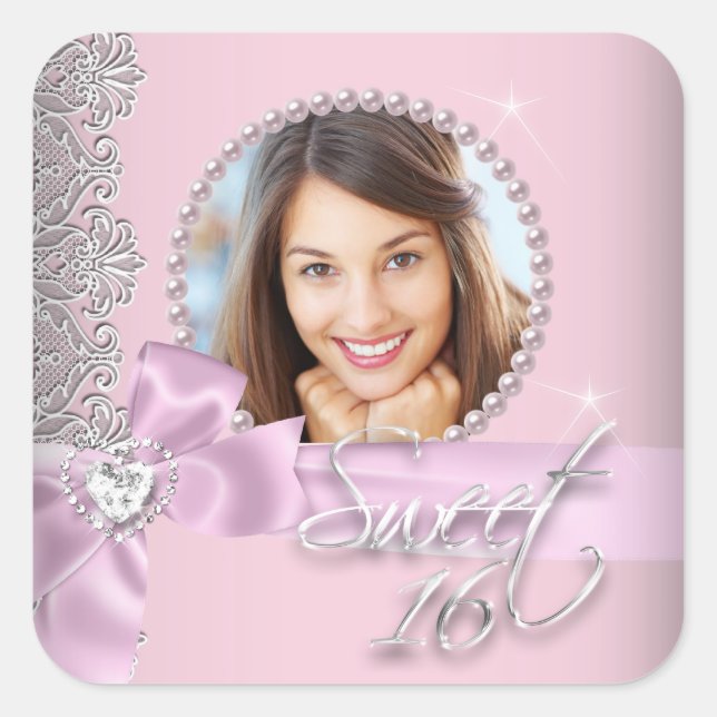 Sticker Carré Sweet sixteen en dentelle rose blanc doux 16 Photo (Devant)
