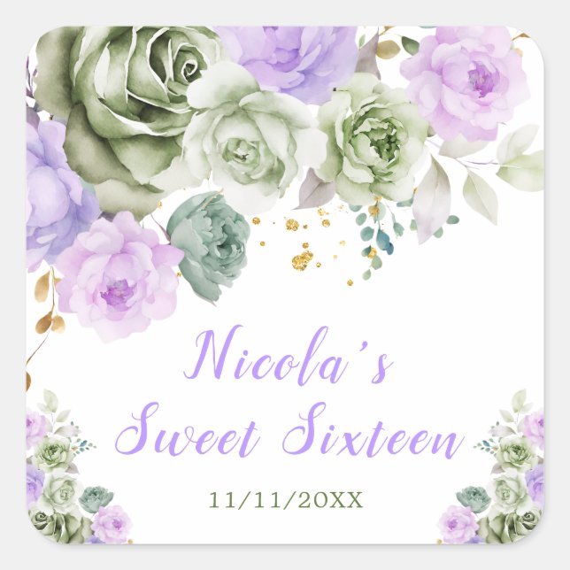 Sticker Carré Sweet sixteen floral vert Sage et violet (Devant)