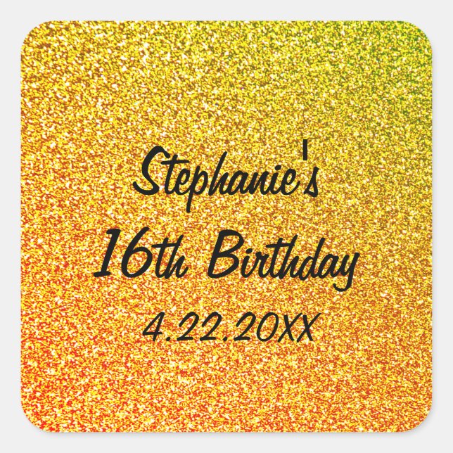 Sticker Carré Sweet sixteen Glittery Gold 16e fête d'anniversair (Devant)