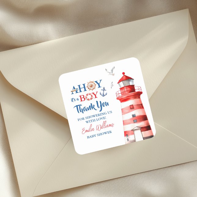 Sticker Carré Sweet White Blue Red Nautical Ahoy Boy Thank You (Créateur téléchargé)