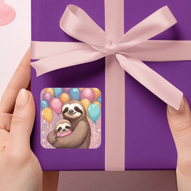 Sticker Carré Sweth Baby shower fille Ballons roses (sweet sloth baby shower favor stickers)