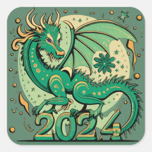 Sticker Carré Symbole 2024 Nouvel An, Dragon de Bois Vert