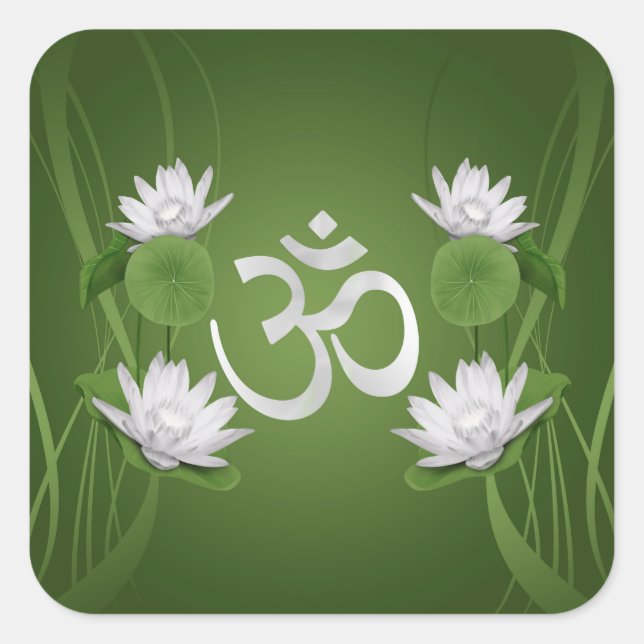 Sticker Carré Symbole Om avec fleurs de Lotus en vert (Devant)