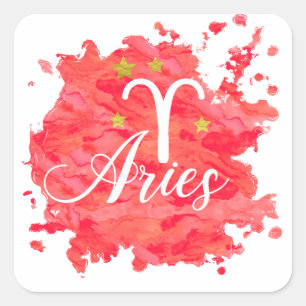 Sticker Carré SYMBOLE Zodiac Aries Rouge Aquarelle Or Étoiles