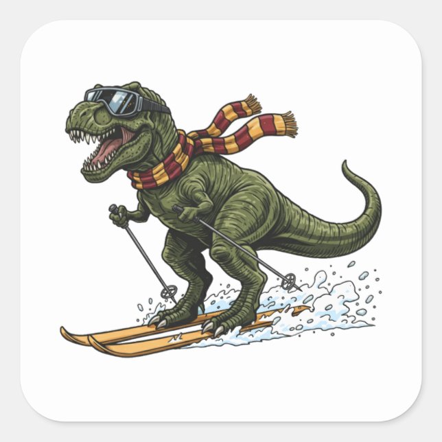 Sticker Carré T-Rex Skiant Drôle (Devant)