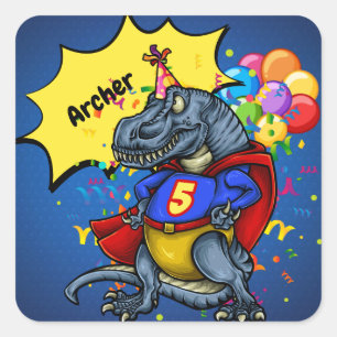 Sticker Carré T-Rex Superhero 5e anniversaire