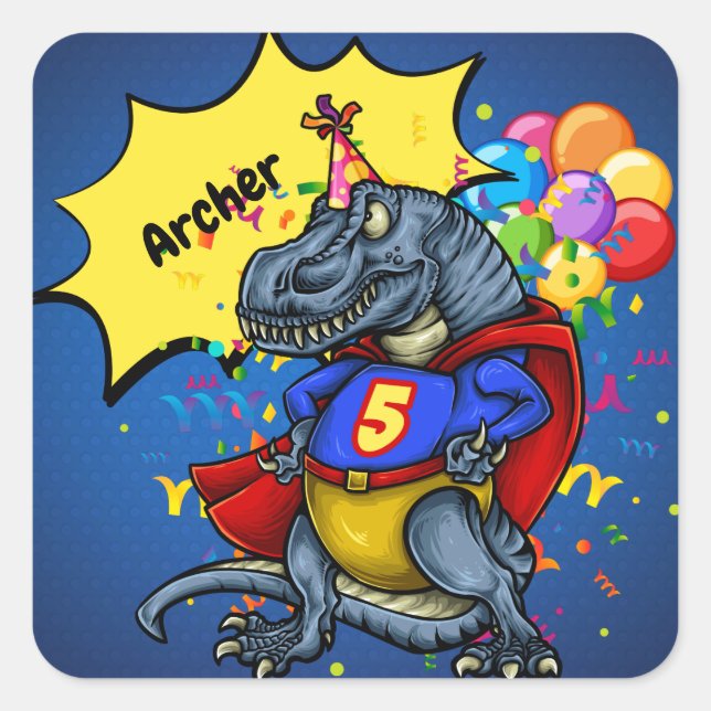 Sticker Carré T-Rex Superhero 5e anniversaire (Devant)