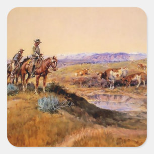 Sticker Carré « Tabassé » Art occidental par Charles M Russell