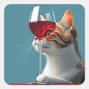 Sticker Carré Tabby Chat avec verre de vin rouge