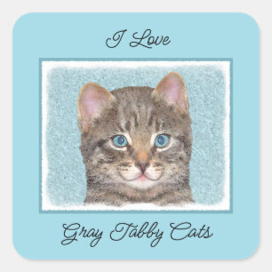 Sticker Carré Tabby Gris Peinture Chat - Cute Original Art Chat