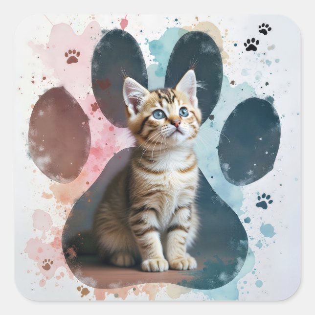 Sticker Carré Tabby Kitten dans un Empreinte de patte aquarelle (Devant)