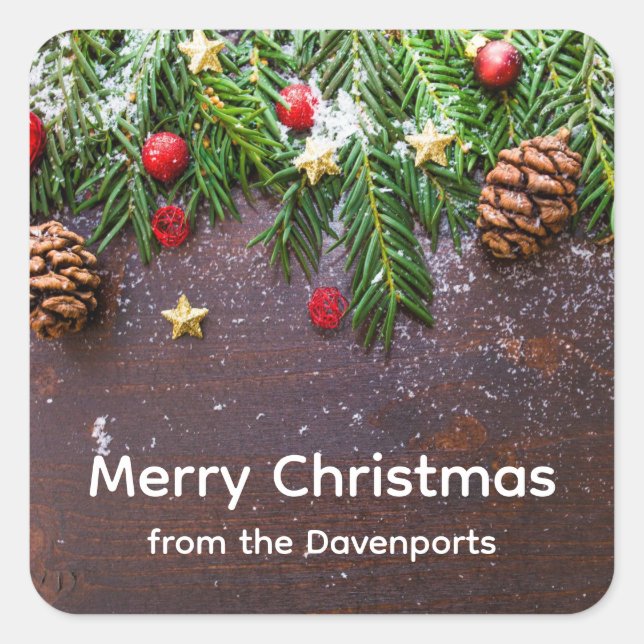 Sticker Carré Table de Noël rustique avec pin et neige (Devant)
