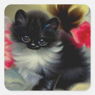 Sticker Carré Tableau vintage de chaton noir et blanc