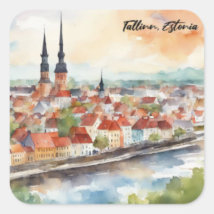 Sticker Carré Tallinn Estonie Peinture Aquarelle Panorama