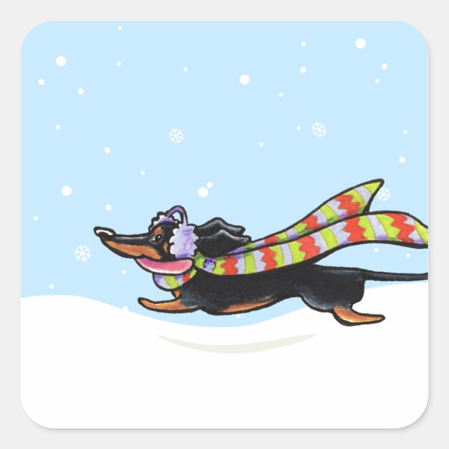 Sticker Carré Tan noir Dachshund hiver de course froide (Devant)