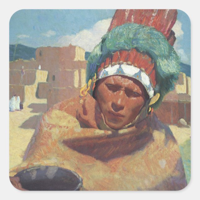 Sticker Carré Taos Indian tenant un pot d'eau par Blumenschein (Devant)