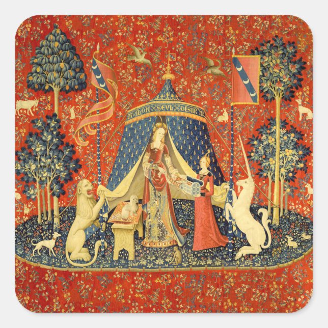 Sticker Carré Tapisseries Unicorne Lady Legend Médiéval (Devant)