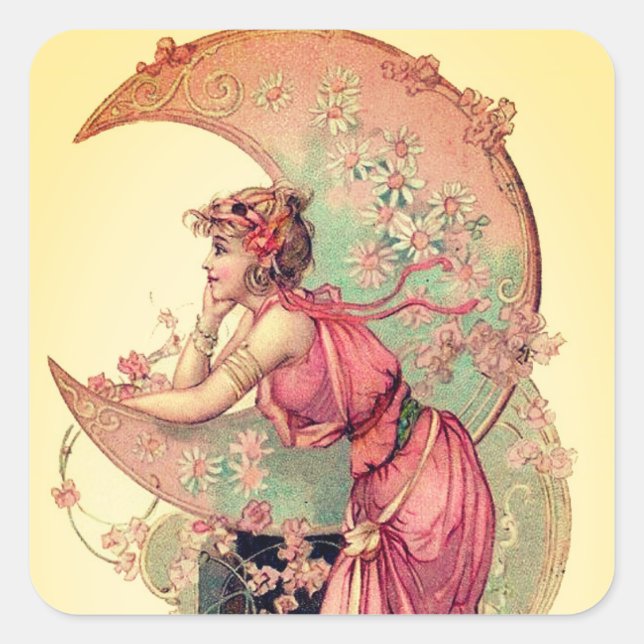 STICKER CARRÉ TAROTS/ LADON DE LUNE AVEC FLEURS ROSE JAUNE (Devant)