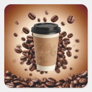 Sticker Carré Tasse de café flottante avec grains de café