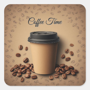 Sticker Carré Tasse de café flottante avec grains de café
