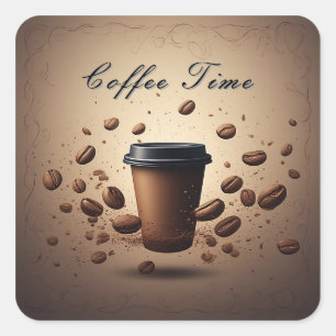 Sticker Carré Tasse de café flottante avec grains de café
